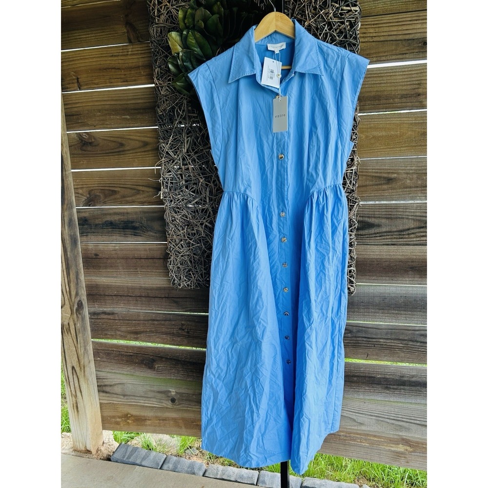 $68 New ENTRO BLUE BLOSSOM DROP WAIST MIDI DRESS Large BUTTON MISSING - Picture 5 of 7